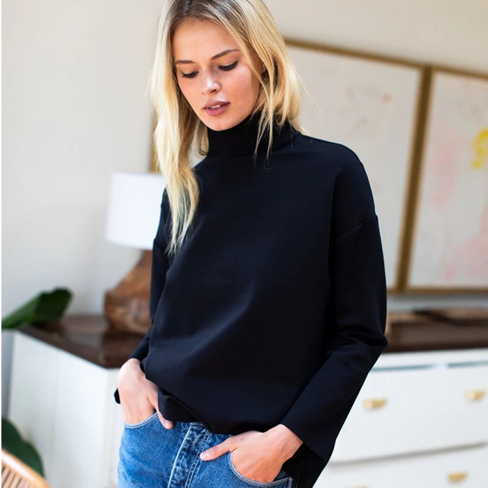 Emerson Frey EDIE Mock‎ Neck Long Sleeve Top in BLACK PONTE